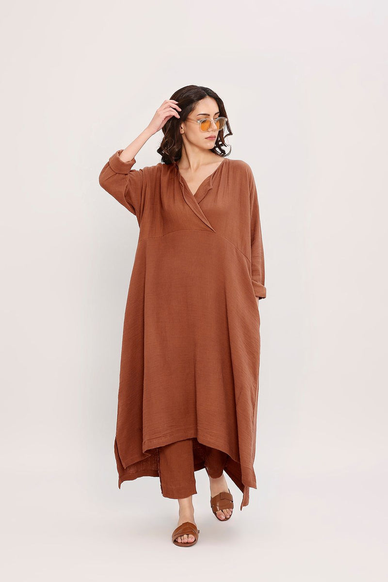 Coco Brown Kaftan Tunic Set (2 PCS) cotton by Mati in brown color for women Worldwide