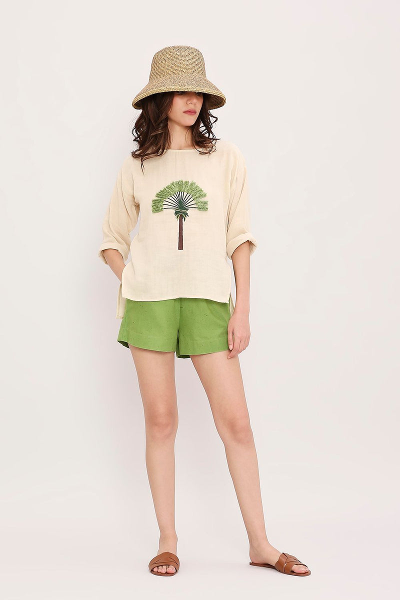 Coco Cream Embroidered Top & Green Shorts Set (2 PCS) cotton by Mati in multi color for women Worldwide