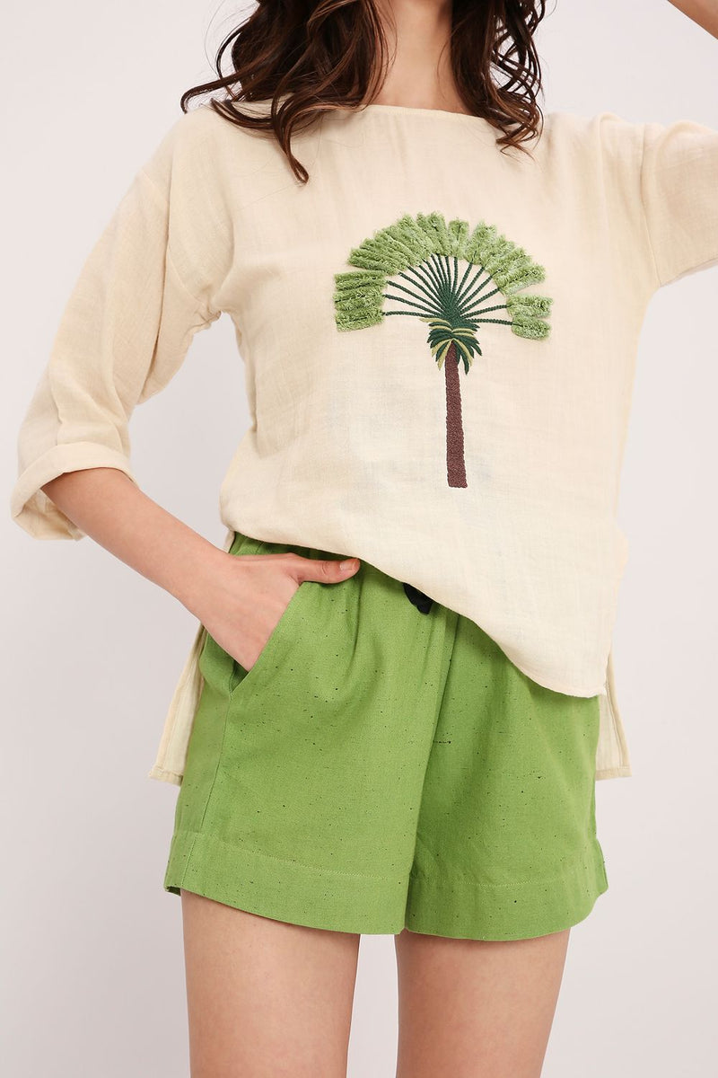 Coco Cream Embroidered Top & Green Shorts Set (2 PCS) cotton by Mati in multi color for women Worldwide