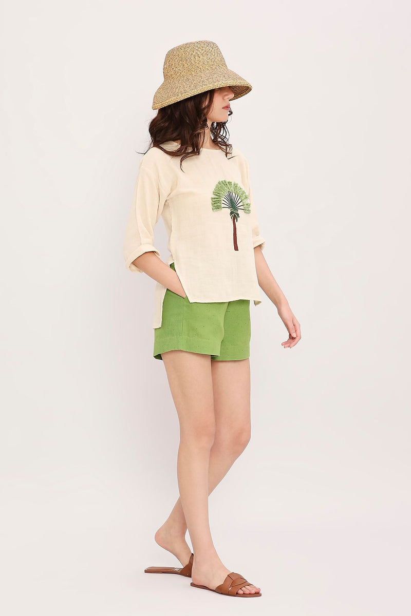 Coco Cream Embroidered Top & Green Shorts Set (2 PCS) cotton by Mati in multi color for women Worldwide