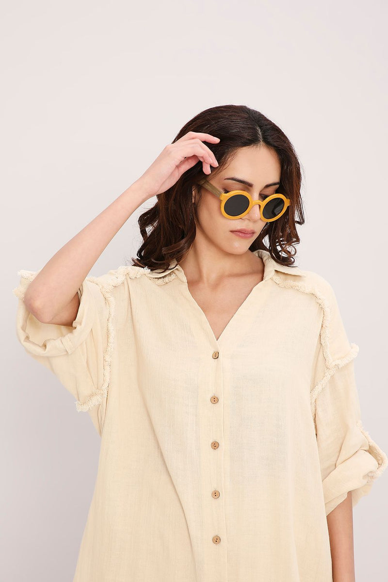 Coco Cream Fringed Long Shirt cotton by Mati for women Worldwide