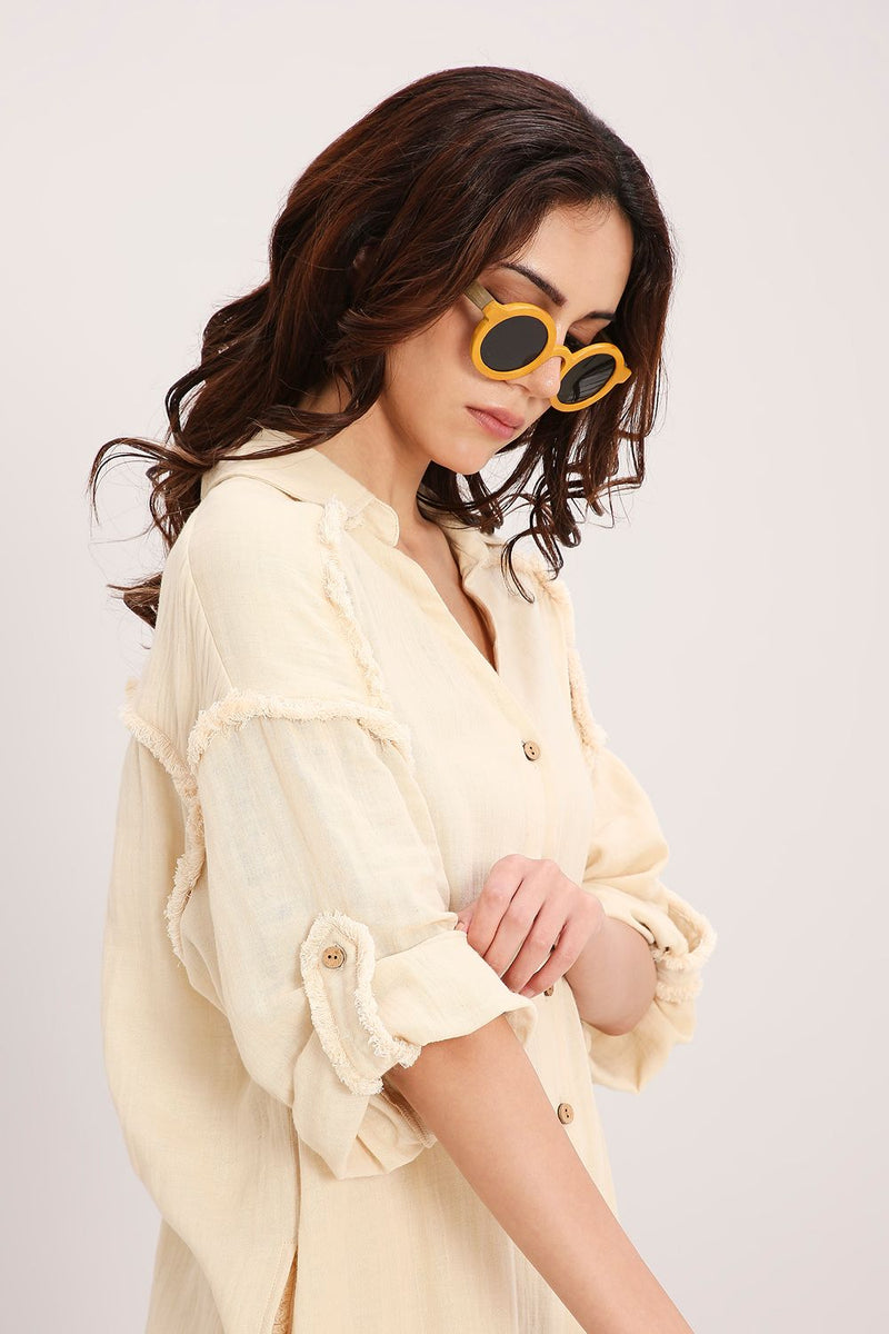 Coco Cream Fringed Long Shirt cotton by Mati for women Worldwide