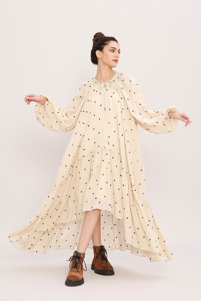 Coco Cream Heart Moss Frill Dress cotton by Mati for women Worldwide