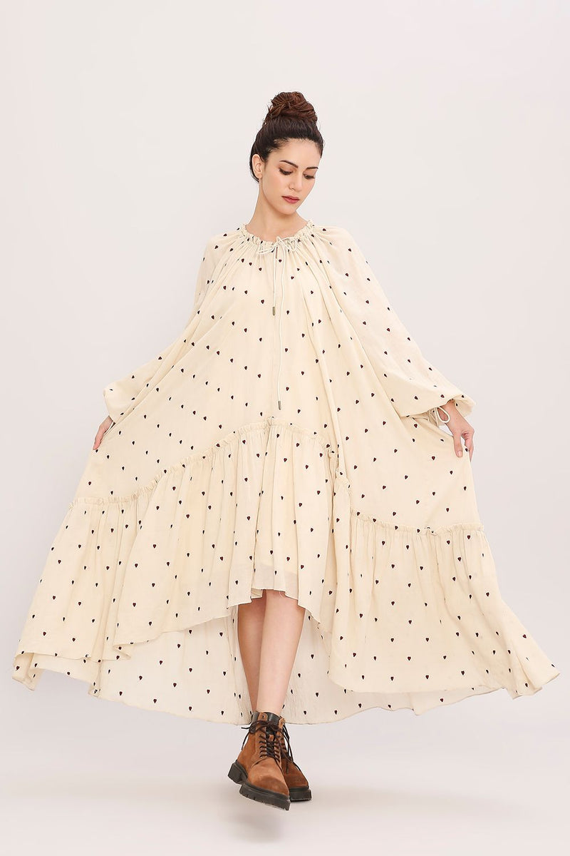 Coco Cream Heart Moss Frill Dress cotton by Mati for women Worldwide