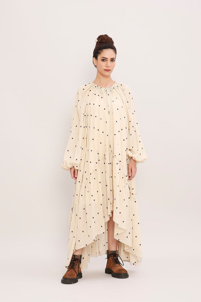 Coco Cream Heart Moss Frill Dress cotton by Mati for women Worldwide