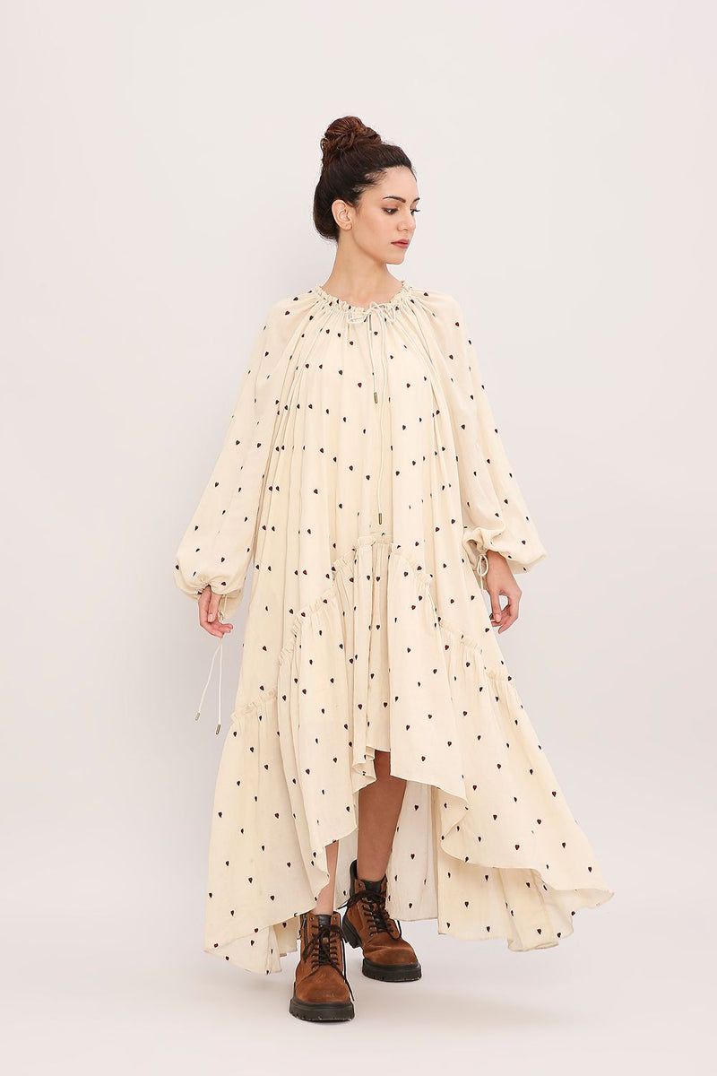 Coco Cream Heart Moss Frill Dress cotton by Mati for women Worldwide