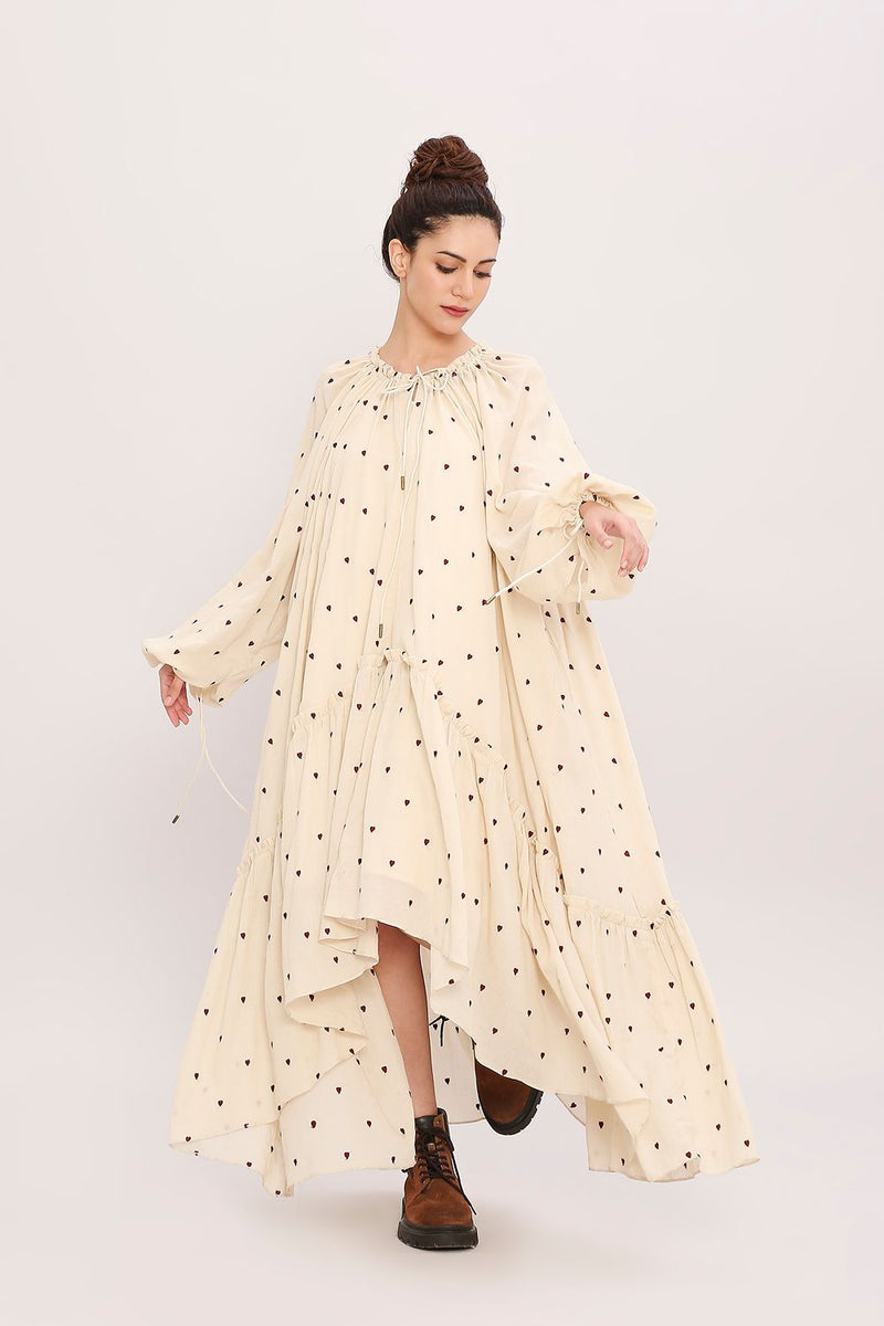 Coco Cream Heart Moss Frill Dress cotton by Mati for women Worldwide
