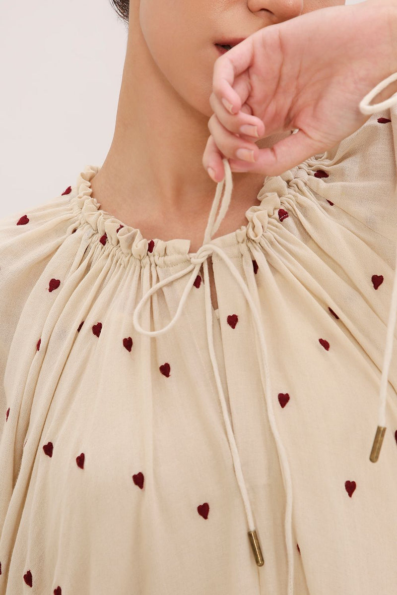 Coco Cream Heart Moss Frill Dress cotton by Mati for women Worldwide
