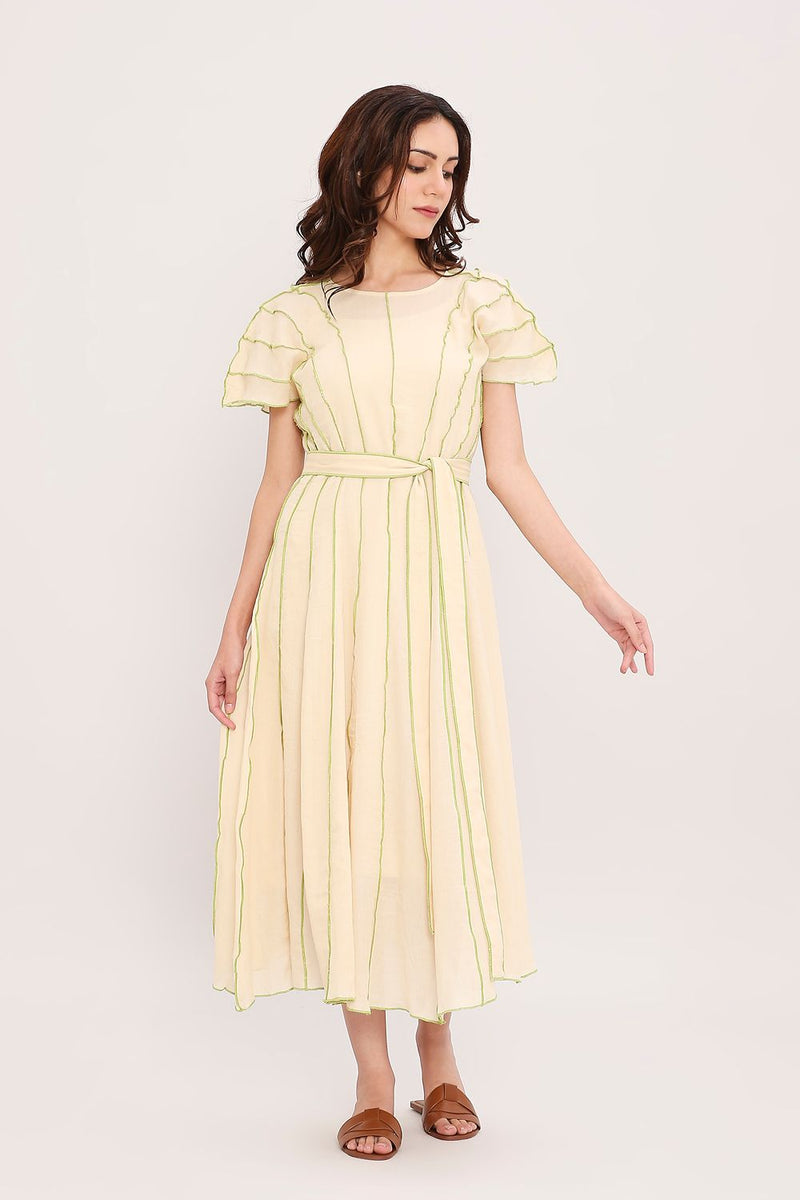 Coco Cream Moss Panelled Dress cotton by Mati for women Worldwide