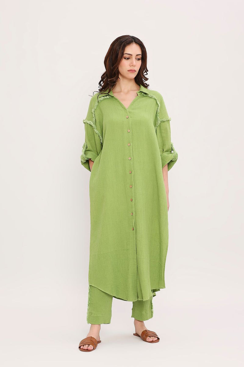 Coco Green Fringed Long Shirt cotton by Mati in green color for women Worldwide