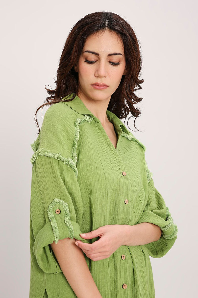 Coco Green Fringed Long Shirt cotton by Mati in green color for women Worldwide