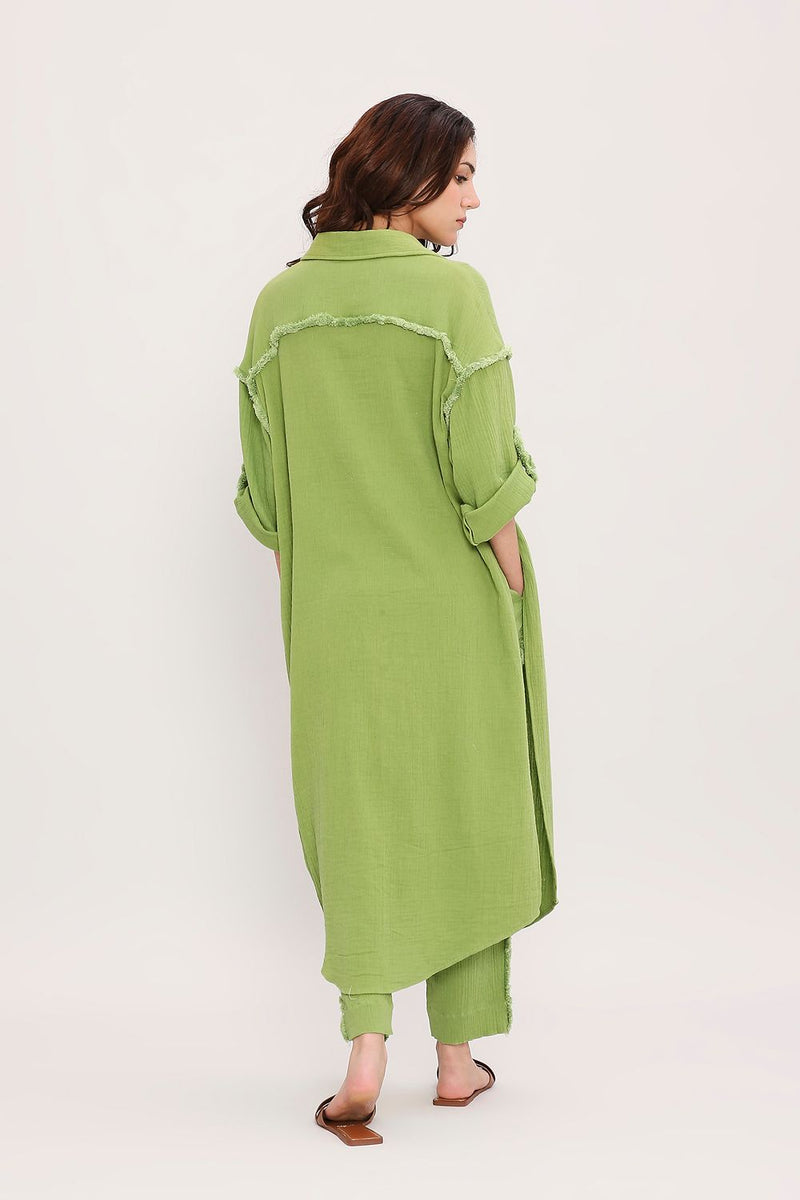 Coco Green Fringed Shirt Set (2 PCS) cotton by Mati in green color for women Worldwide