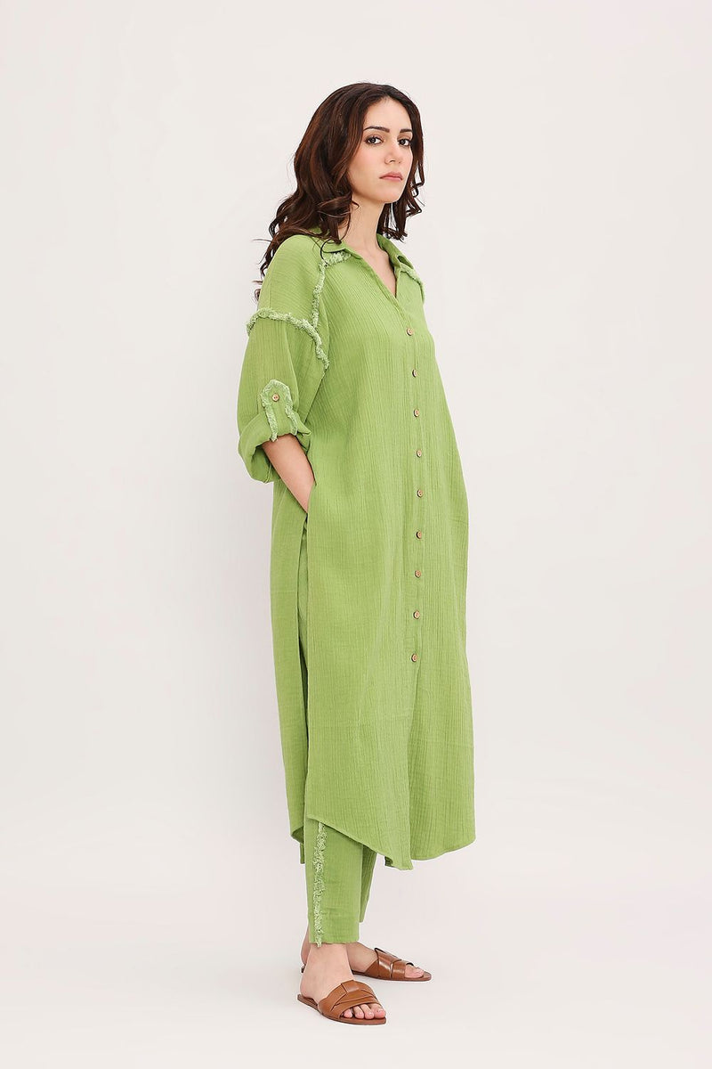 Coco Green Fringed Shirt Set (2 PCS) cotton by Mati in green color for women Worldwide