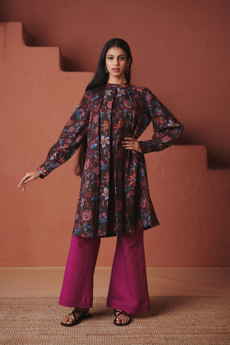 Coffee Chintz Co Linen Front Pleated Kurta Set cotton by Saphed in brown color for women Worldwide