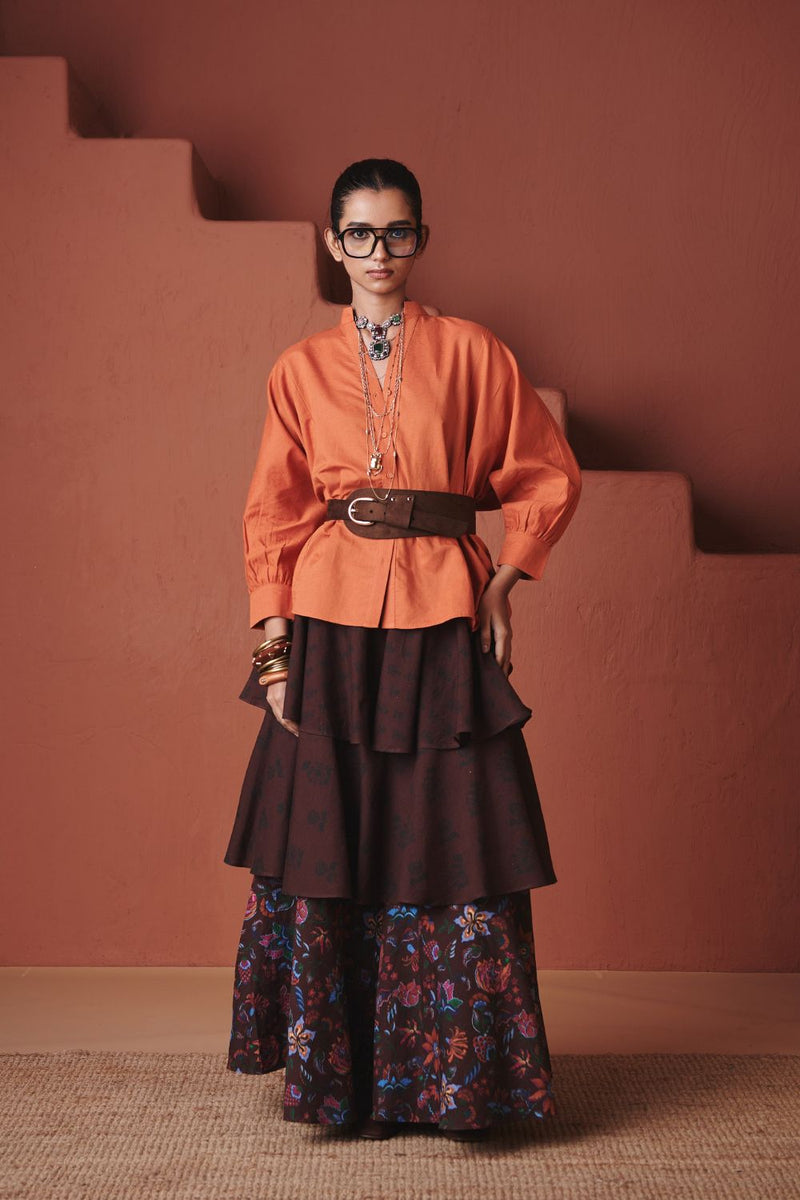 Coffee Chintz Co Linen Tiered Skirt cotton by Saphed in brown color for women Worldwide