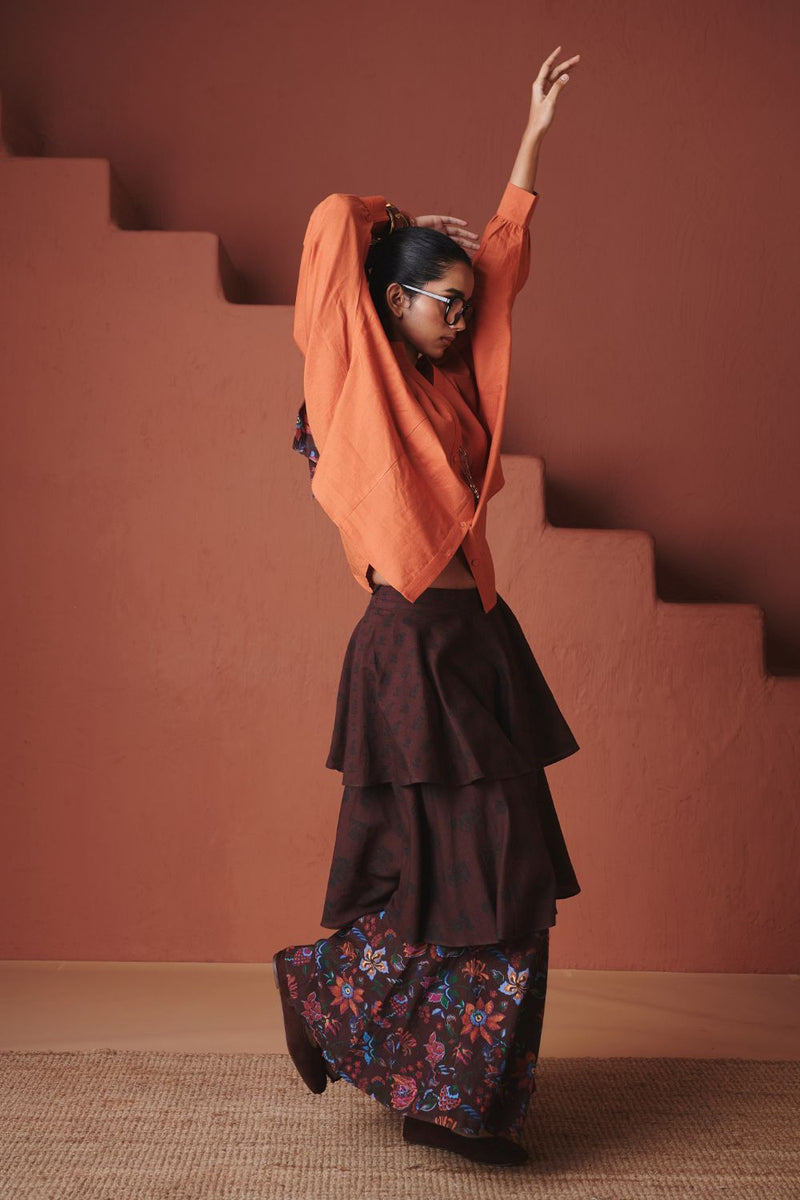Coffee Chintz Co Linen Tiered Skirt cotton by Saphed in brown color for women Worldwide