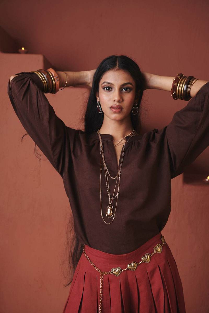 Coffee Co Linen Billow Top cotton by Saphed in brown color for women Worldwide