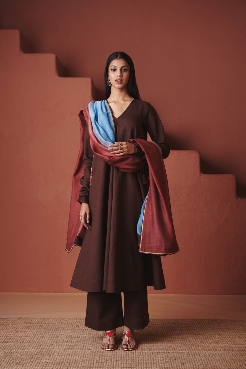 Coffee Co Linen Embroidered Pocket Kurta Set cotton by Saphed in brown color for women Worldwide