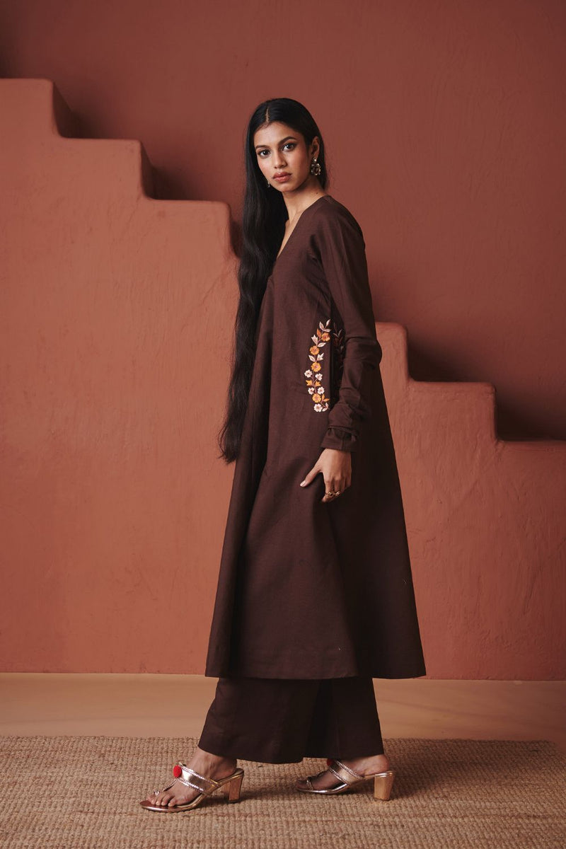 Coffee Co Linen Embroidered Pocket Kurta Set cotton by Saphed in brown color for women Worldwide