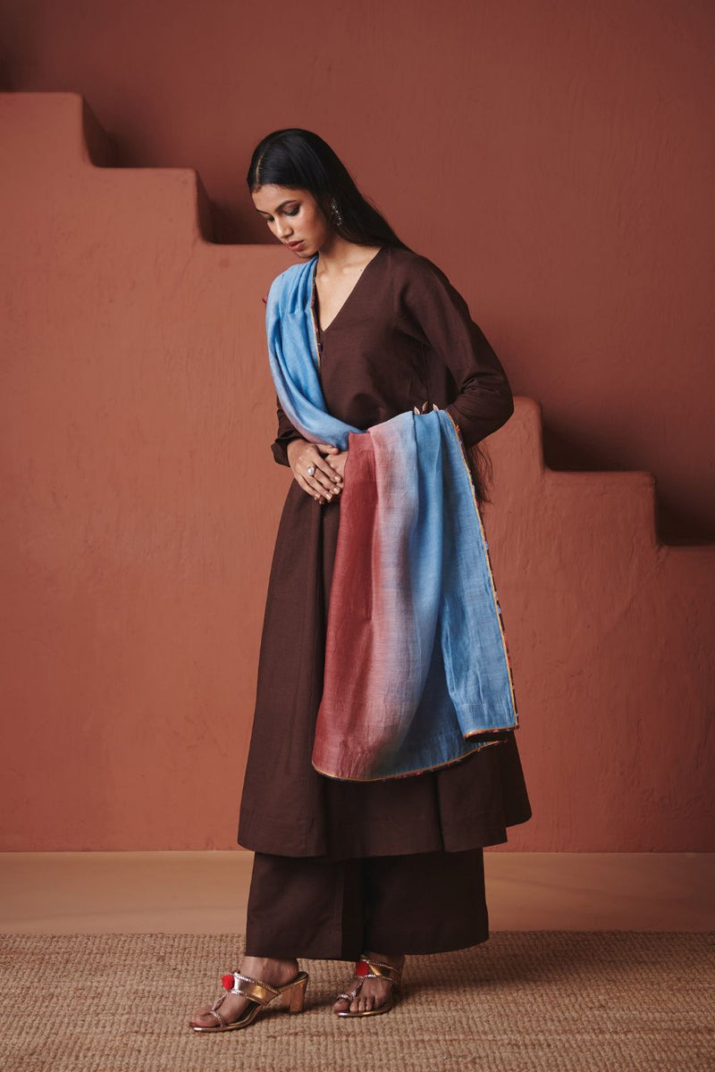 Coffee Co Linen Embroidered Pocket Kurta Set cotton by Saphed in brown color for women Worldwide