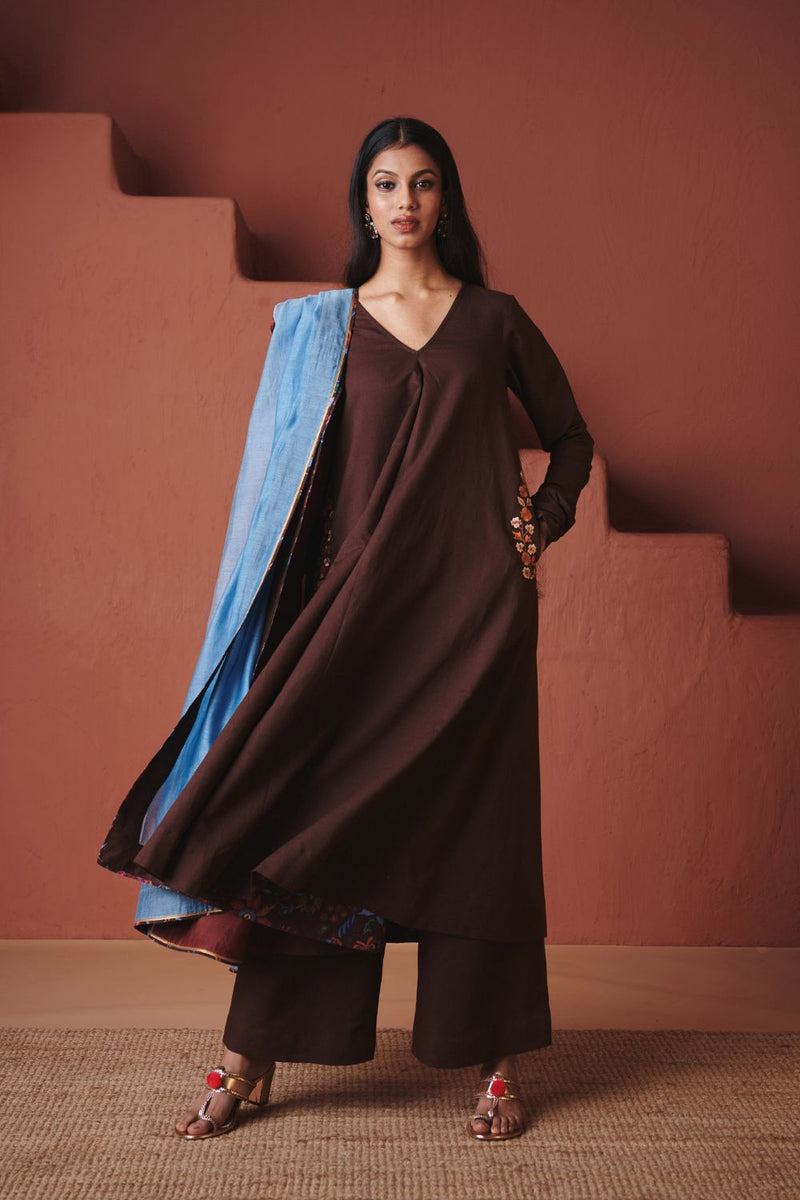 Coffee Co Linen Embroidered Pocket Kurta Set cotton by Saphed in brown color for women Worldwide