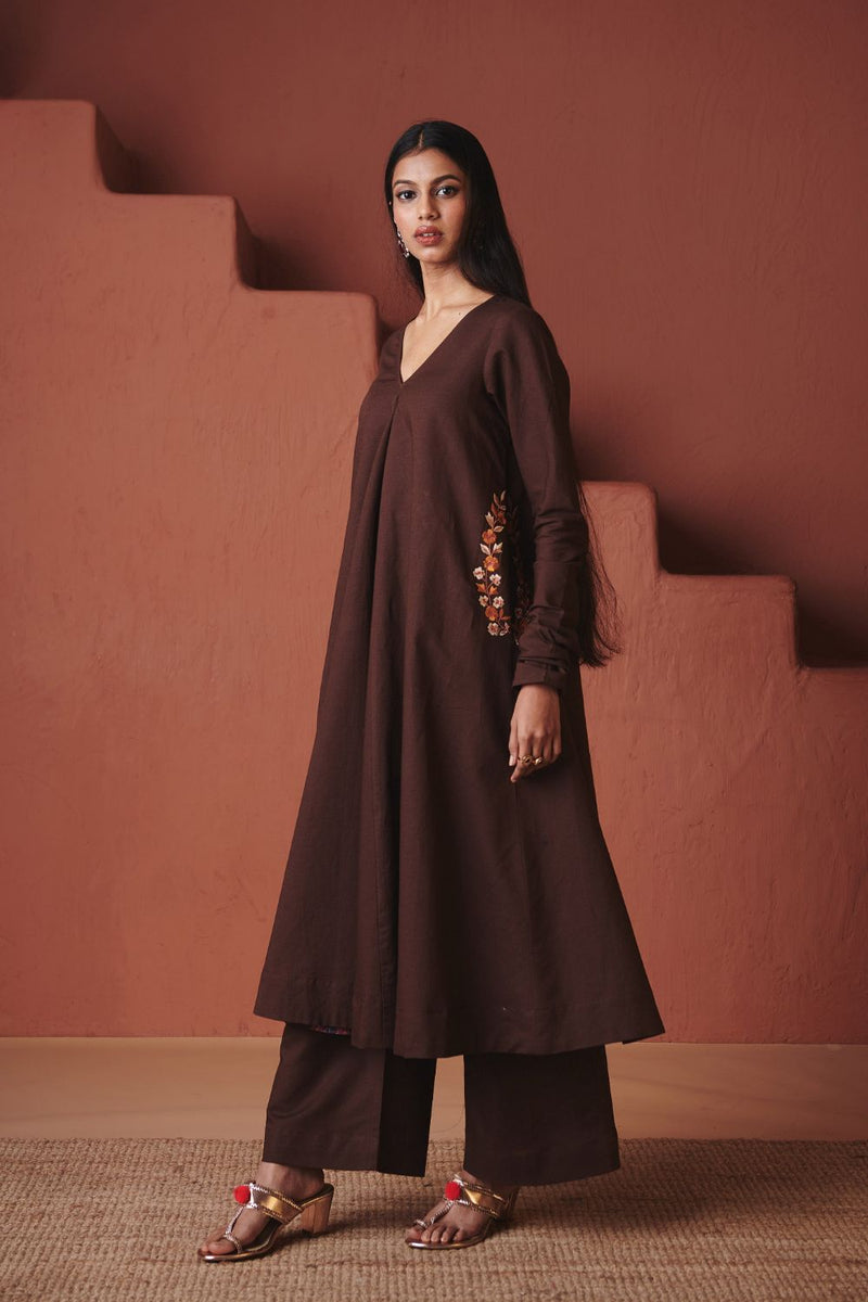 Coffee Co Linen Embroidered Pocket Kurta Set cotton by Saphed in brown color for women Worldwide