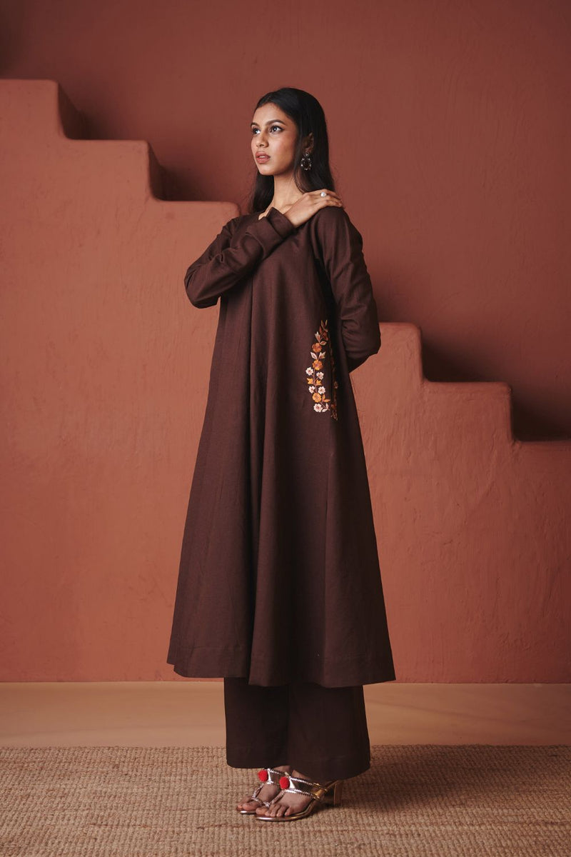 Coffee Co Linen Embroidered Pocket Kurta Set cotton by Saphed in brown color for women Worldwide