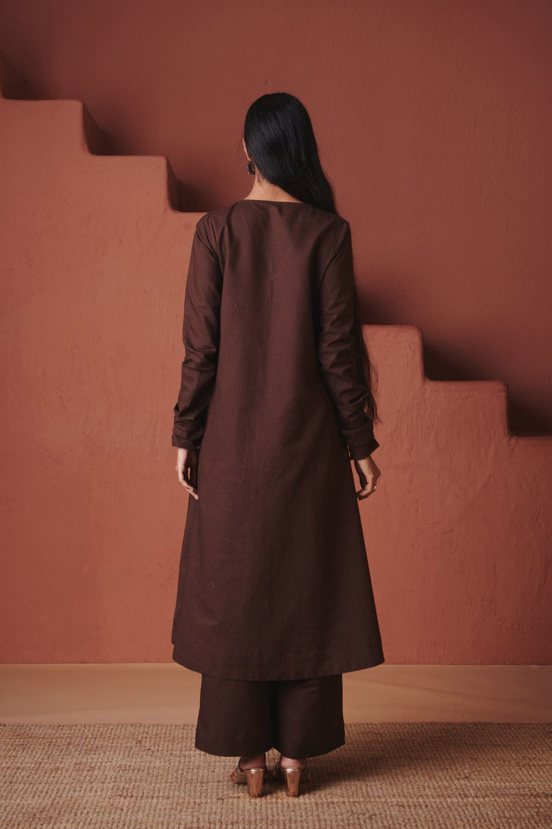 Coffee Co Linen Embroidered Pocket Kurta Set cotton by Saphed in brown color for women Worldwide