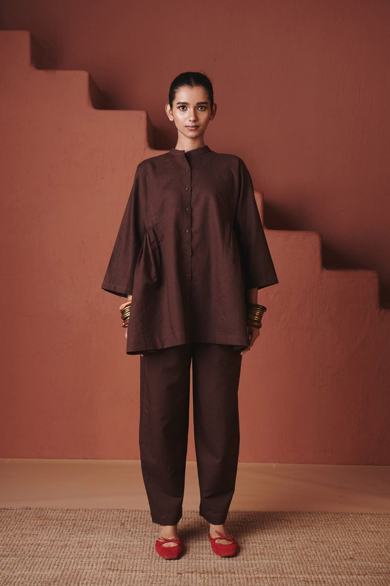 Coffee Co Linen Gathered Shirt Set cotton by Saphed in brown color for women Worldwide
