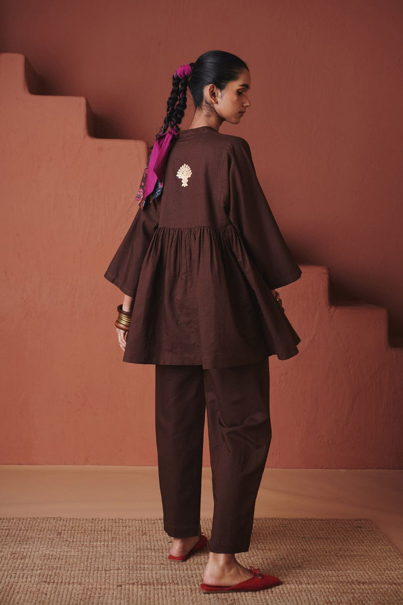 Coffee Co Linen Gathered Shirt Set cotton by Saphed in brown color for women Worldwide
