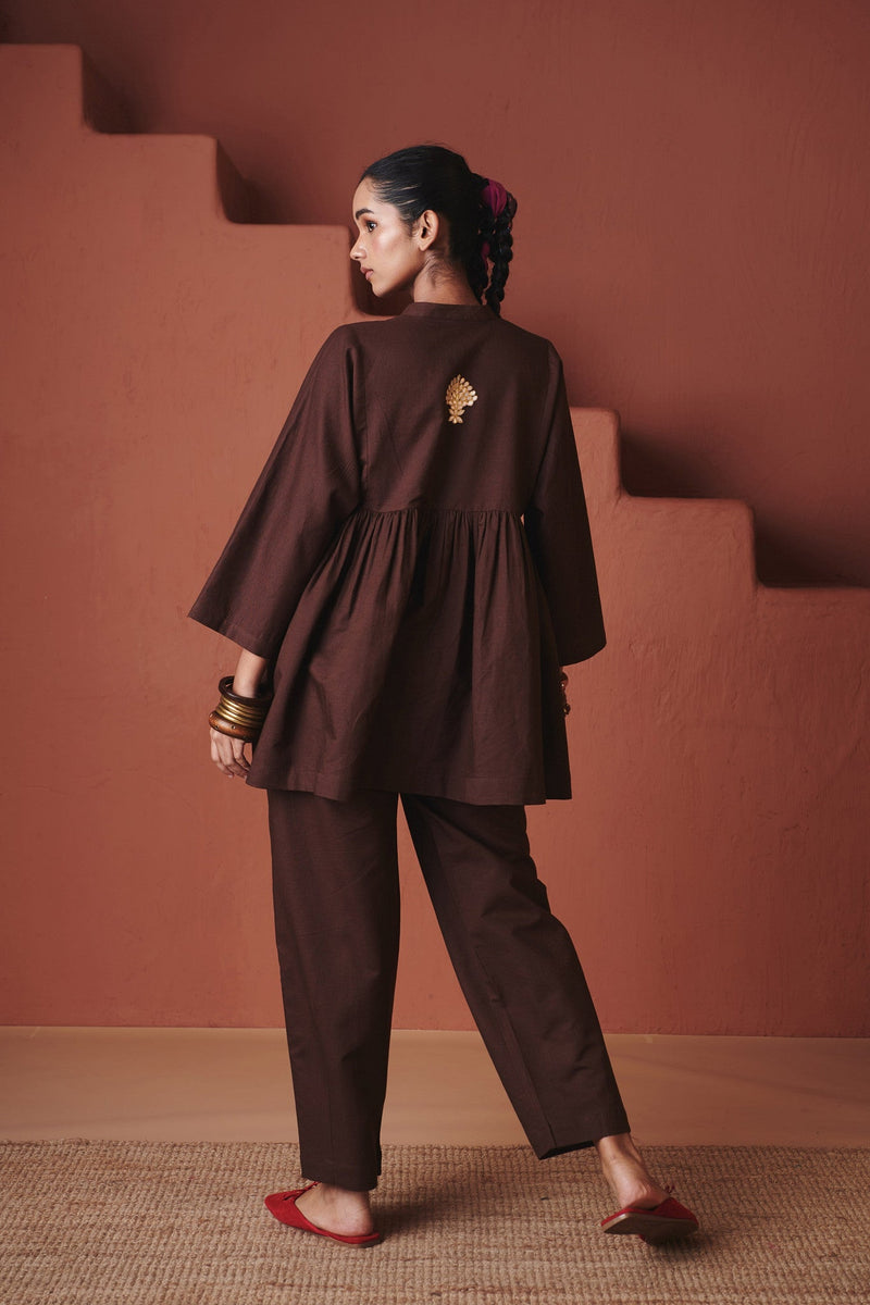 Coffee Co Linen Gathered Shirt Set cotton by Saphed in brown color for women Worldwide