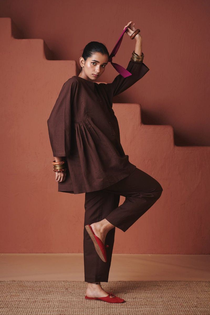 Coffee Co Linen Gathered Shirt Set cotton by Saphed in brown color for women Worldwide