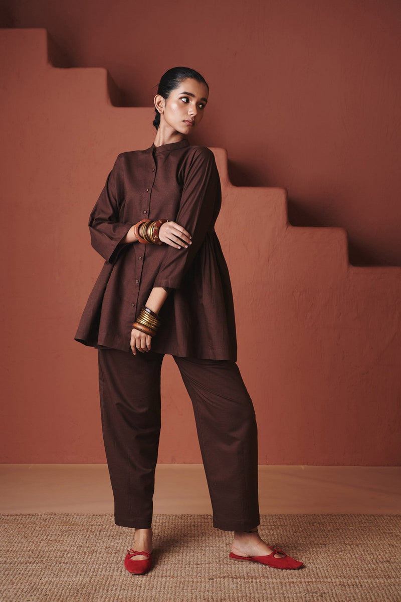 Coffee Co Linen Gathered Shirt Set cotton by Saphed in brown color for women Worldwide