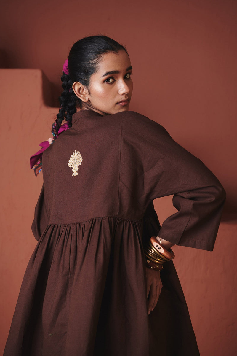 Coffee Co Linen Gathered Shirt Set cotton by Saphed in brown color for women Worldwide