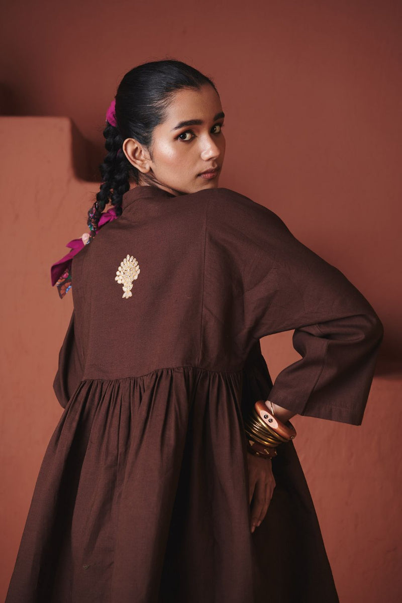 Coffee Co Linen Gathered Shirt Set cotton by Saphed in brown color for women Worldwide