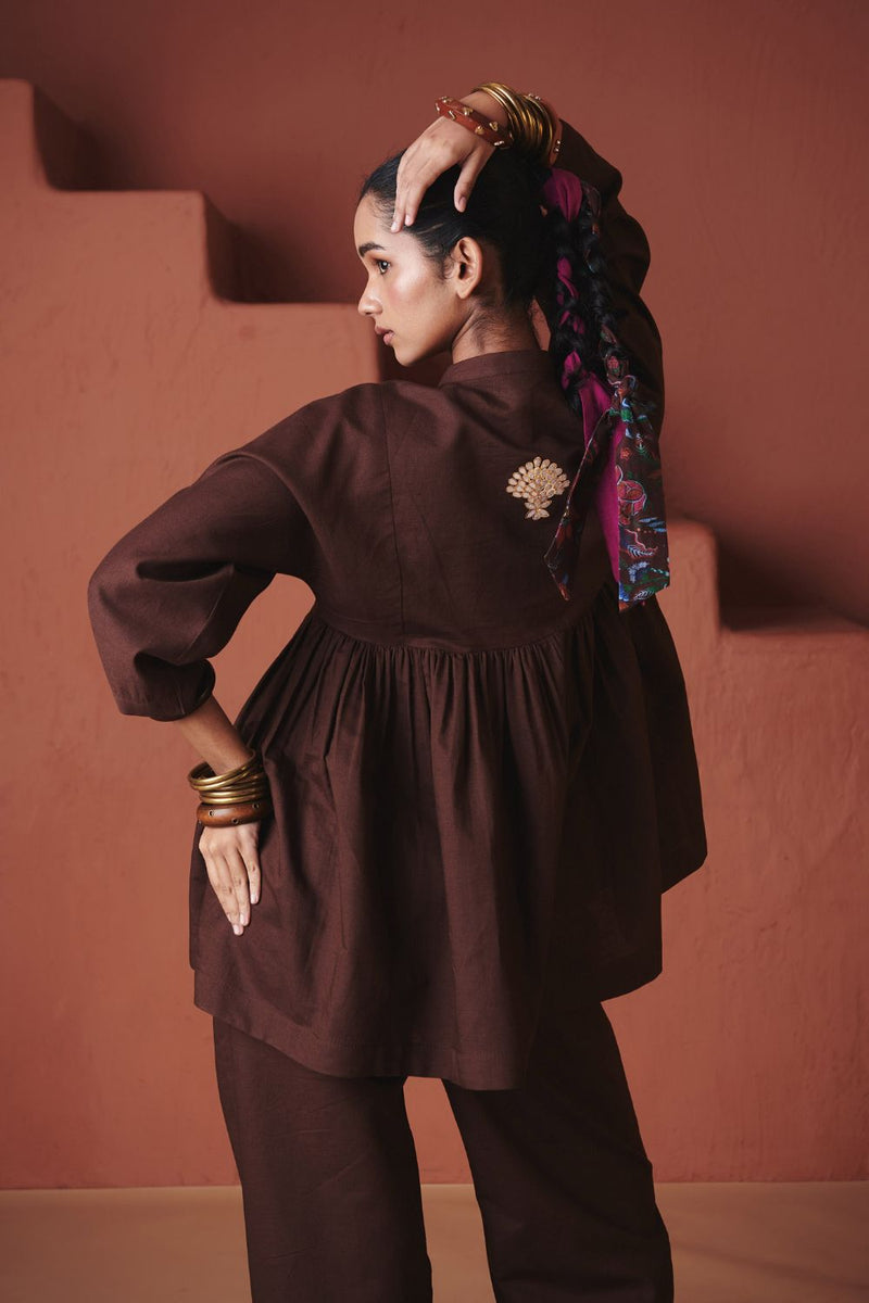 Coffee Co Linen Gathered Shirt Set cotton by Saphed in brown color for women Worldwide