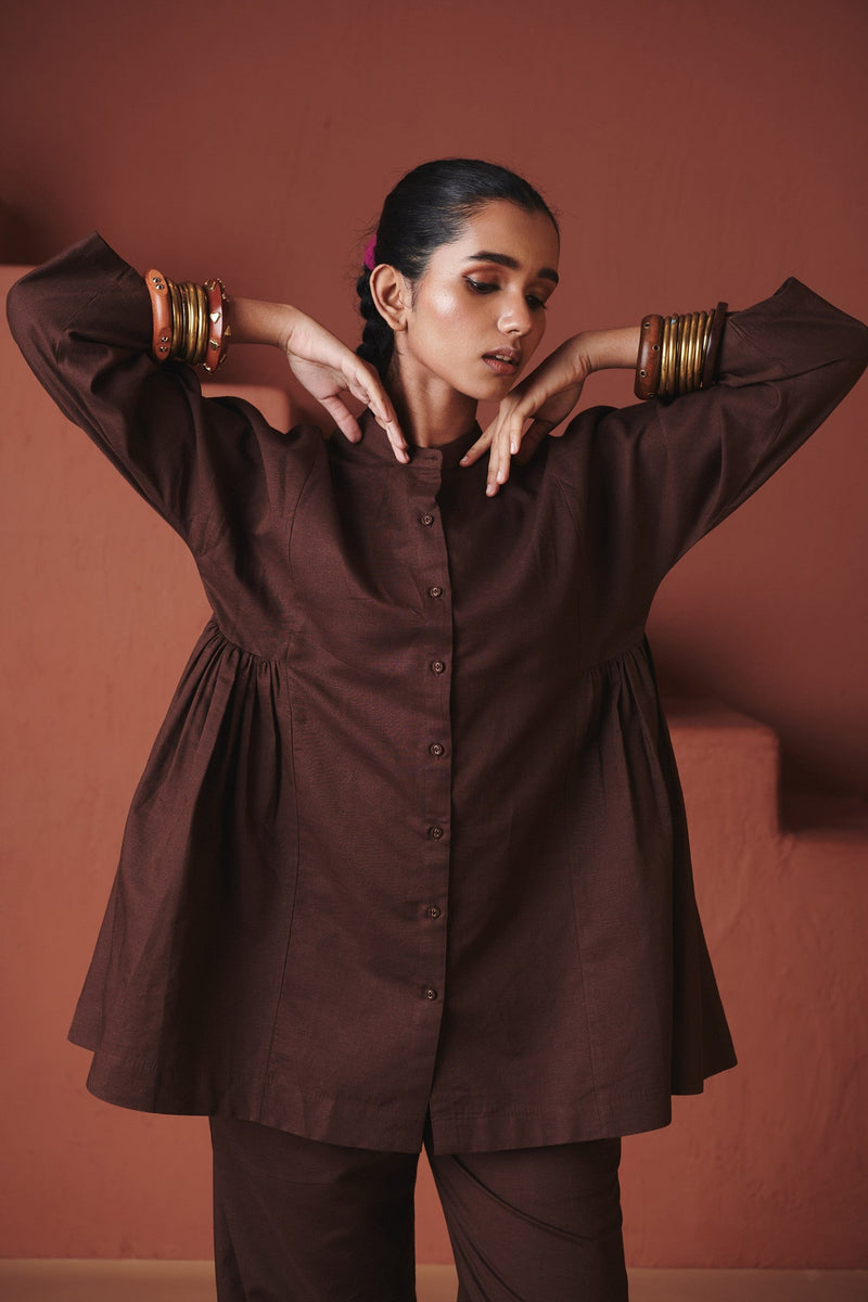 Coffee Co Linen Gathered Shirt Set cotton by Saphed in brown color for women Worldwide