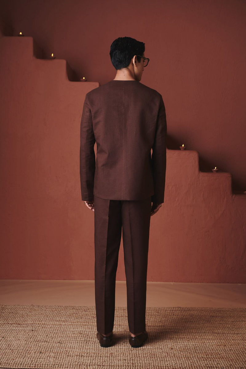 Coffee Co Linen Men's Round Neck Jacket cotton by Saphed in brown color for men Worldwide