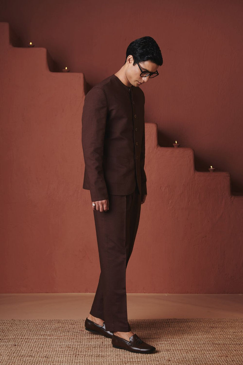 Coffee Co Linen Men's Round Neck Jacket cotton by Saphed in brown color for men Worldwide