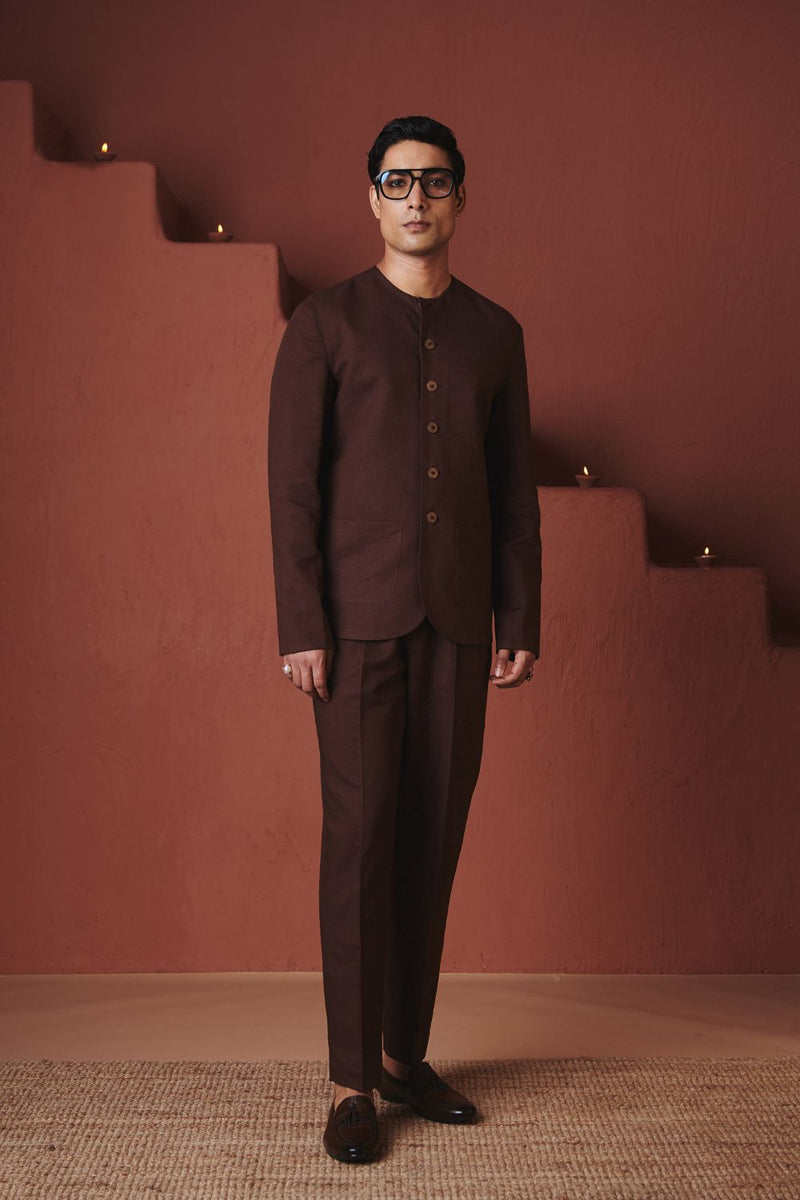Coffee Co Linen Men's Round Neck Jacket cotton by Saphed in brown color for men Worldwide