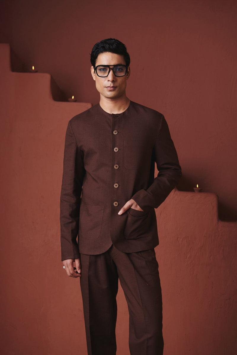 Coffee Co Linen Men's Round Neck Jacket cotton by Saphed in brown color for men Worldwide