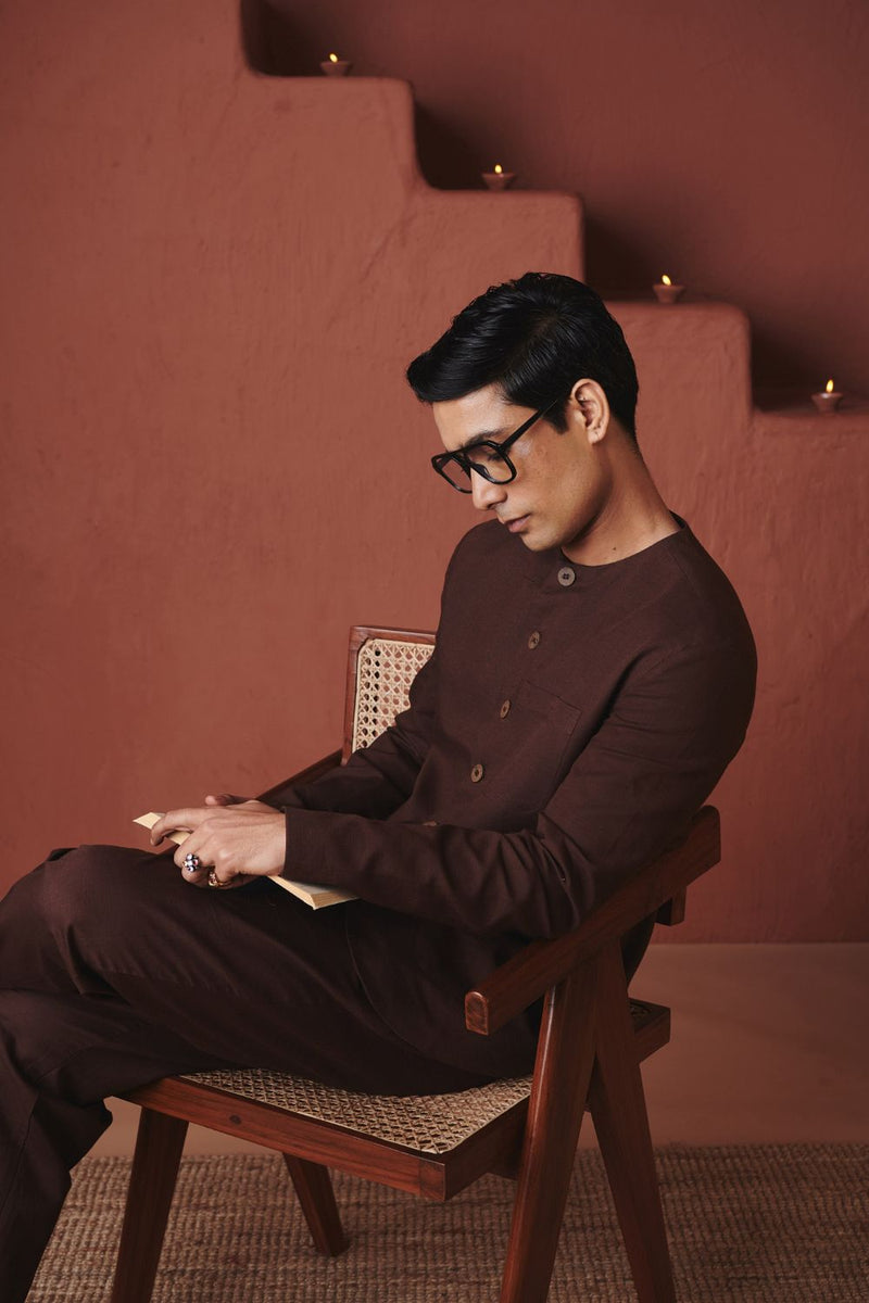 Coffee Co Linen Men's Round Neck Jacket cotton by Saphed in brown color for men Worldwide