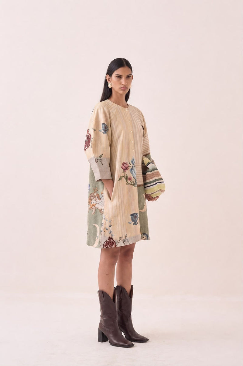 Nakshatra Bubble Sleeve Dress poplin dress by O'Frida in multi-color for women Worldwide