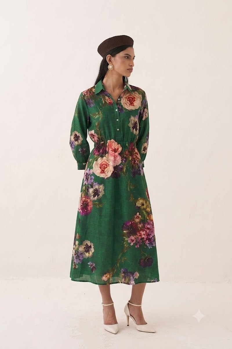 Rosarium Poem Dress poplin dress by O'Frida in green for women Worldwide