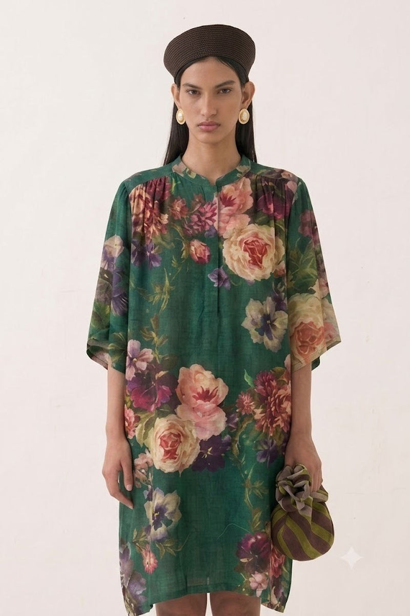 Rosarium Short Beach Dress poplin dress by O'Frida in green for women Worldwide