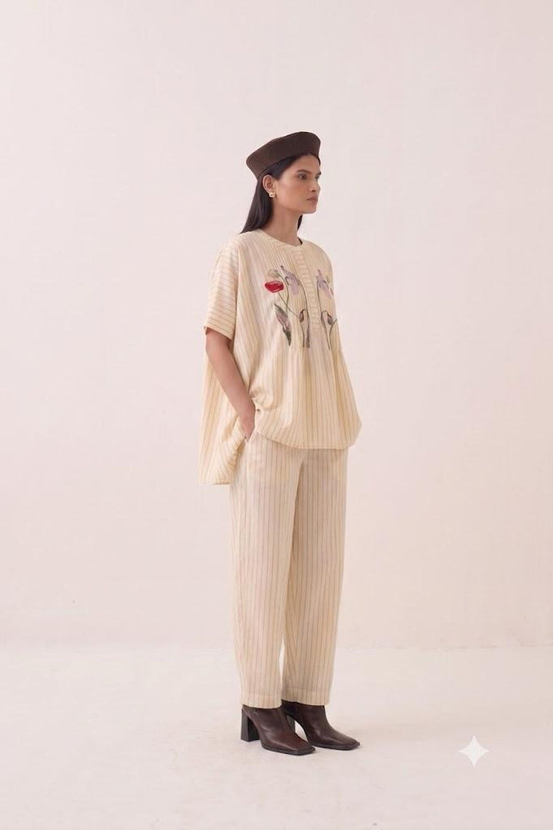 Lehar Rose Flare Top cotton slub top/shirt by O'Frida in ivory for women Worldwide