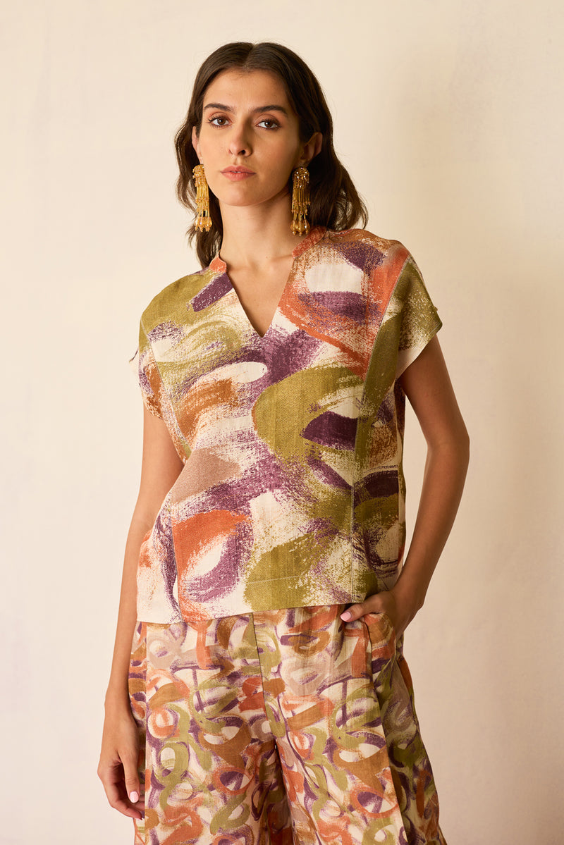 Brushstroke Summer Top linen top/shirt by World of SiSa in multi-color for women Worldwide