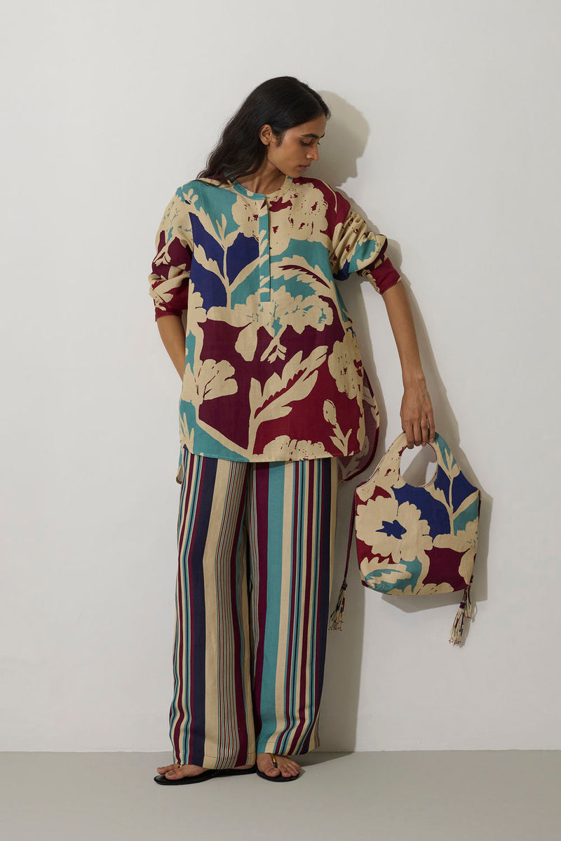 Stripe Marigold Top-Blue linen top/shirt by World of SiSa in blue for women Worldwide