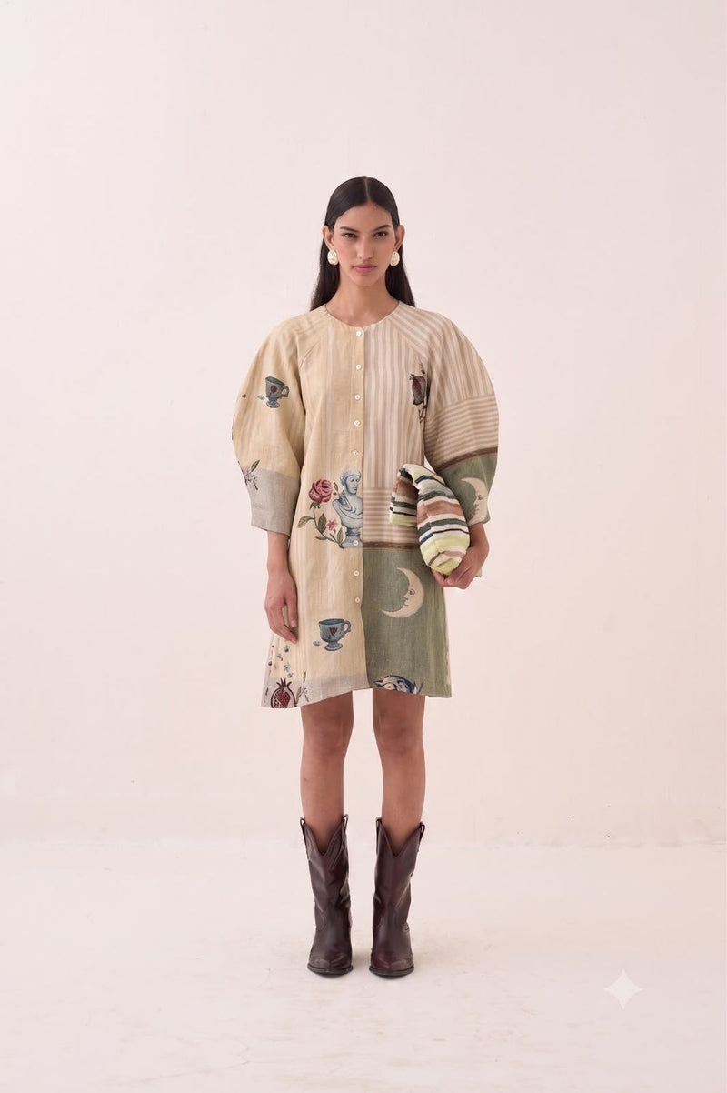 Nakshatra Bubble Sleeve Dress poplin dress by O'Frida in multi-color for women Worldwide