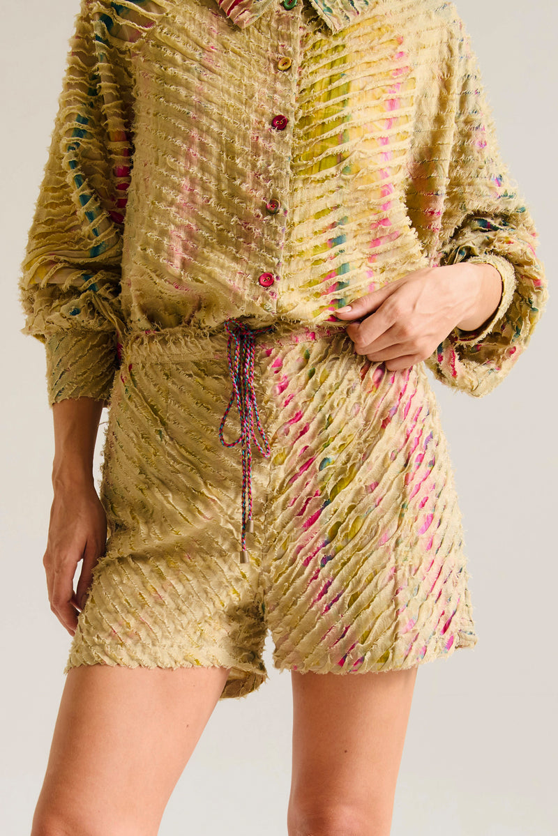 Petunia Short chanderi silk,cotton silk short by Capisvirleo in yellow for women Worldwide